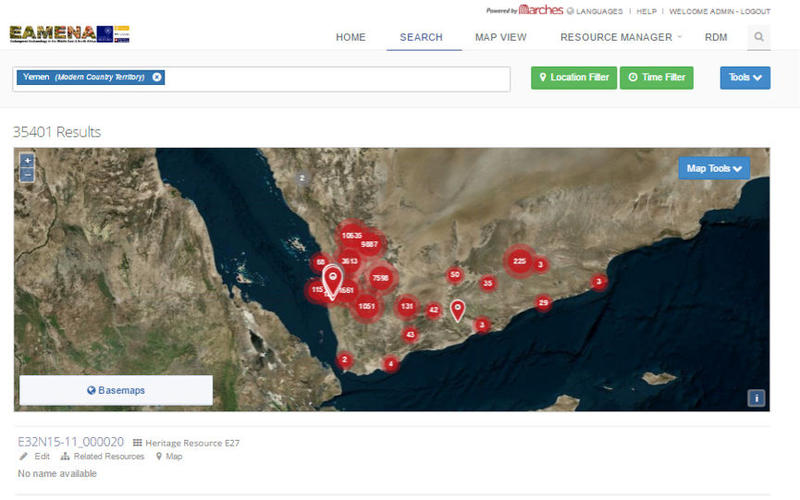 A screenshot of the EAMENA ARCHES platform with distribution of currently entered sites for Yemen