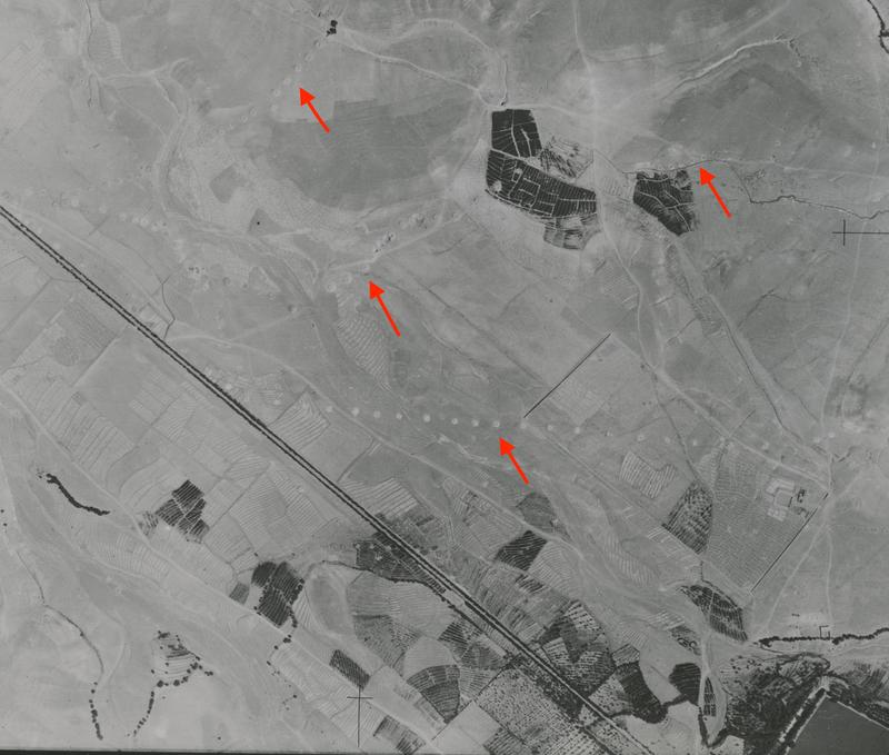 Fig.3. A vertical aerial photograph from Tabriz taken by 2 PRU squadron of the RAF on the 1 August 1941. The red arrows highlight the position of the visible qanat shafts, while part of the Elgoli reservoir can be seen in the bottom-right of the image. Th