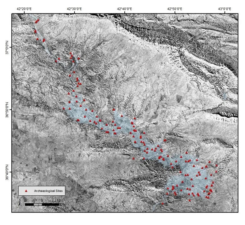 Figure 3 - The archaeological Sites of the Mosul Dam Reservoir Survey on a CORONA 1102 photomosaic (Dec 1967, courtesy USGS). Credits: F.Simi and P. Sconzo.
