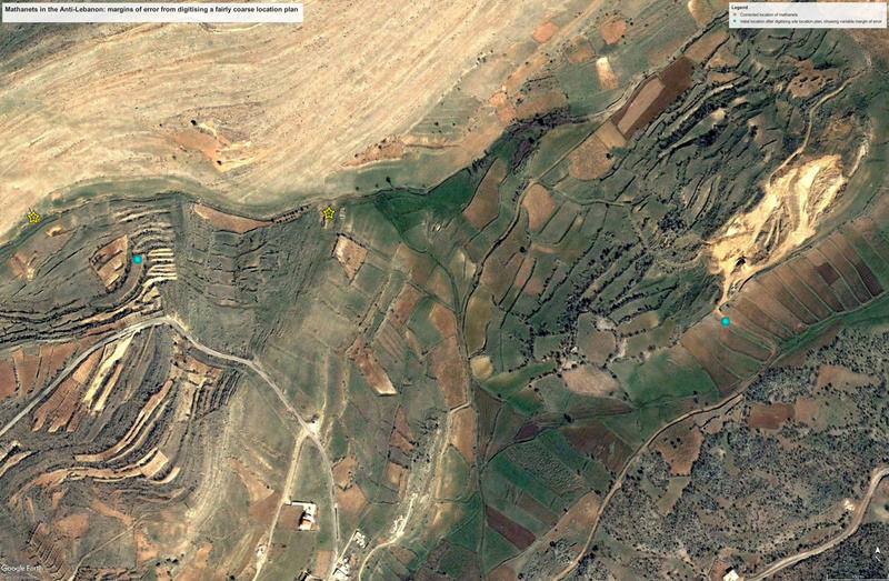 Figure B, C. Using Google Earth imagery to help locate Mamluk water mills (mathanet) and settlements in the Anti-Lebanon, based on Bonatz 2002.