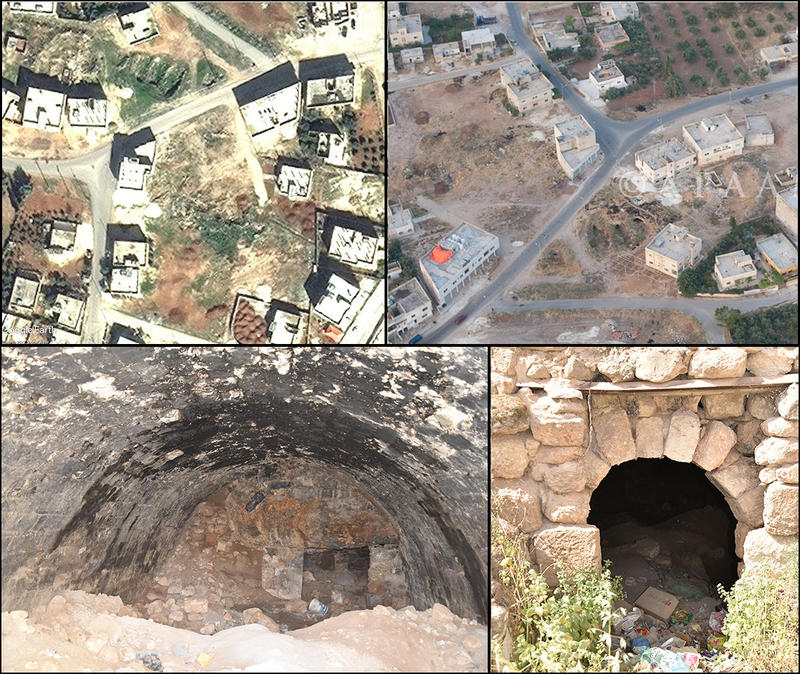 Figure 2: Kefeir Abu Kinan (MAD-0035). Top left: Satellite imagery from 2010 showing three large depressions, interpreted as cisterns (DigitalGlobe via Google Earth, 09/02/2010). Top right: Aerial photograph from 2010, showing the cisterns more clearly (A
