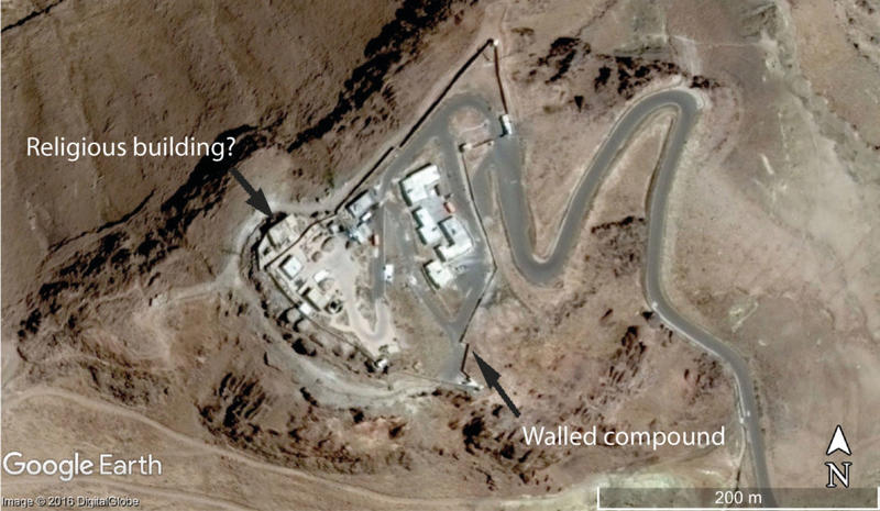  Figure 1. A satellite image of the summit of Jabal an Nabi Shu’ayb captured on the 20 March 2014. The mountaintop is dominated by the walled compound, with the probable religious structure located on the north-west side of the compound (DigitalGlobe via 
