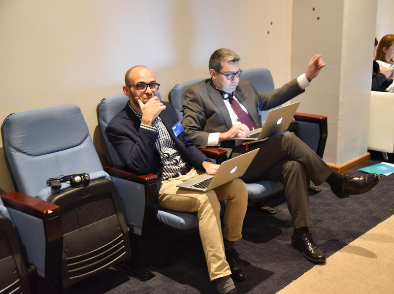 Andrea taking a back-seat role during the 2018 Protecting the Past Conference (with Bijan seemingly conducting..).