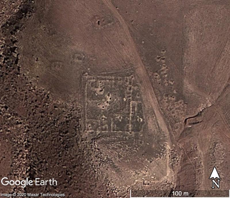 Fig.1. The foundations of a fortification with evidence of associated structure on a satellite image from 15 March 2015. Damage issues include the use of a dirt track and some potential looting pits. Map data: Google Earth, Maxar Technologies.