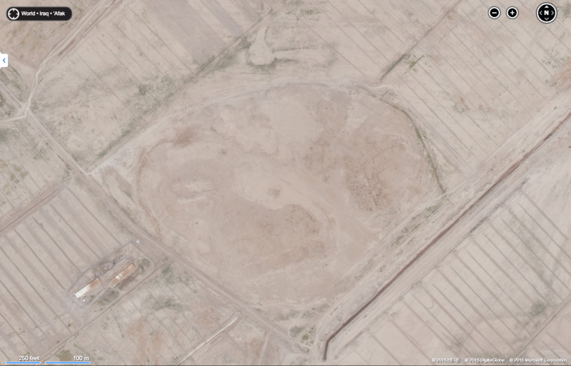 Fig 3: Tell Dlehim: This Tell site in Iraq suffers ‘poor drainage and high soil salinity’ that has caused considerable damage to its ceramic finds according to Adams’ survey (Heartland of Cities Site 1237). The satellite imagery (here sourced from Bing Ma