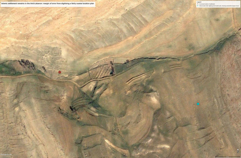 Figure B, C. Using Google Earth imagery to help locate Mamluk water mills (mathanet) and settlements in the Anti-Lebanon, based on Bonatz 2002.