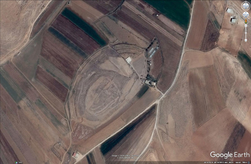  Figure D. Tell al Ayyun in the Beqaa Valley in Lebanon. This artificial mound had already been documented previously, but is also clearly visible on Google Earth. The multi-period archaeological site is damaged by terracing, landscaping (the NE part appe