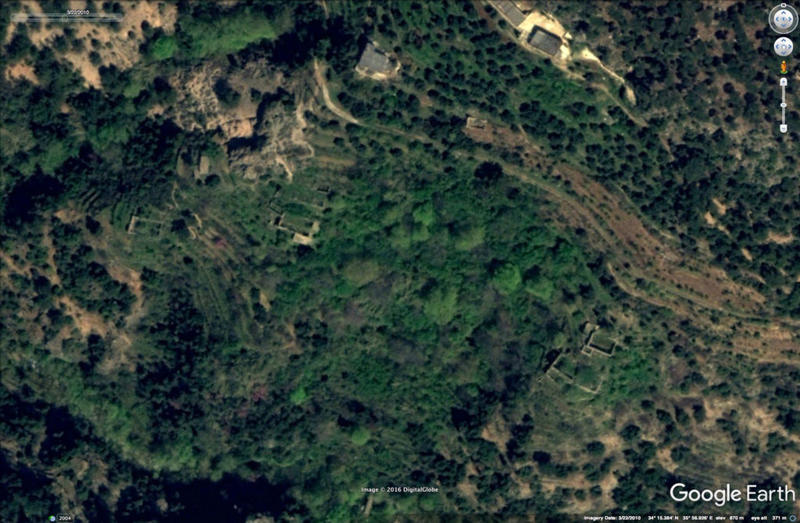  Figure F. Possible abandoned buildings or enclosures and terraces in Northern Lebanon. The nearby monastery of Qanubin had been documented previously, but often such Ottoman period structures tend to be neglected in surveys (Image: DigitalGlobe 22/3/2010