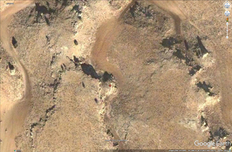 Figure G. Nothing on the imagery suggests there is a Middle Palaeolithic artefact scatter associated with the limestone rock outcrop in the seasonal river bed (red mark), as found by Garrard et al. 2003. Prehistoric sites tend to get missed out when only 