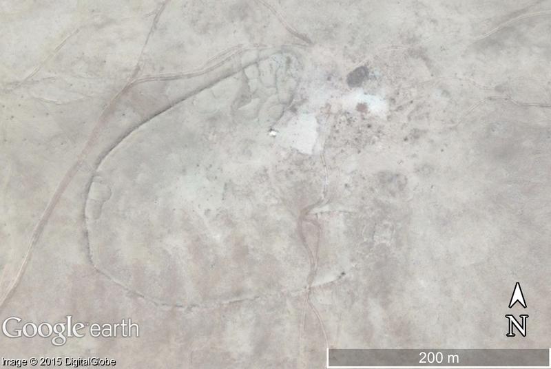 Figure 3: A stone walled kite, on DigitalGlobe imagery on Google Earth, probably built to corral animals, hence the enclosures at the ends of the walls, and in the centre of the wall. However, it may also have had a religious function at some point in its