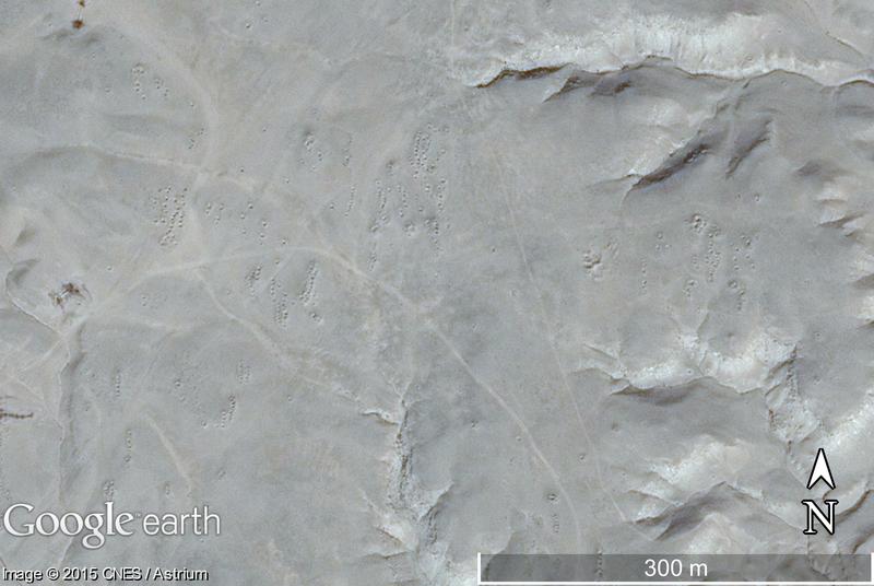 Figure 4: Small area of looting holes on DigitalGlobe imagery on Google Earth: the concentration of holes suggests that there is an archaeological site there, although we can’t know for certain.