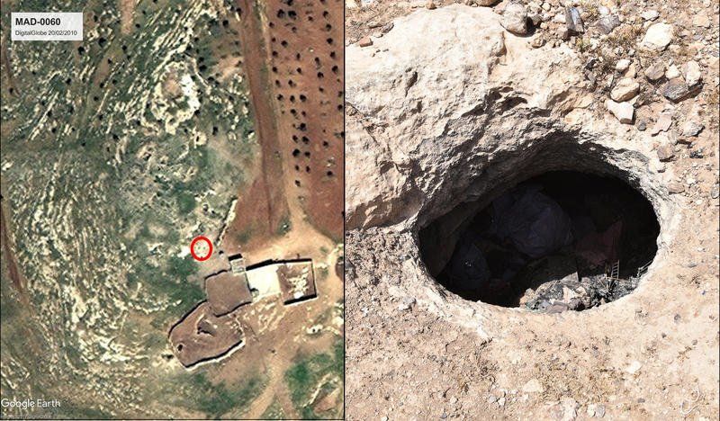 Figure 6: MAD-0060. The existence of an ancient village, as suspected from satellite imagery (left image) and historical sources could be confirmed. Structures, walls, and cisterns (right image) were present, as well as a pottery scatter indicating the si