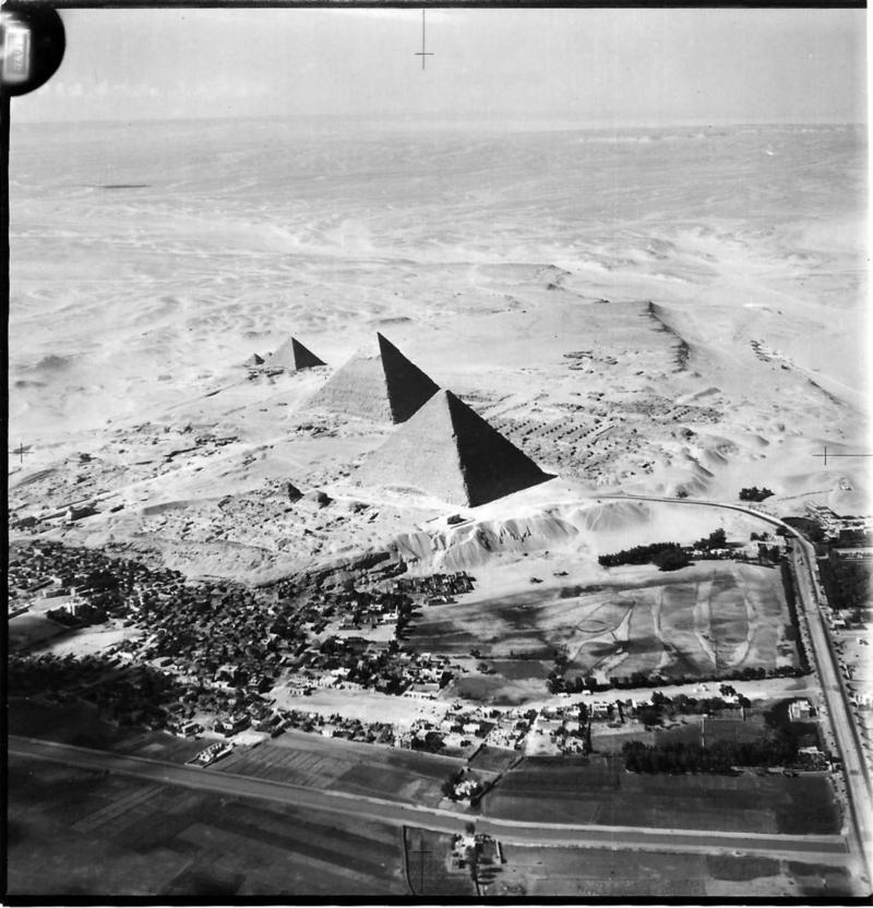 An aerial view of the pyramids of Giza (Egypt) taken by a member of 55 Squadron RAF in the 1930s