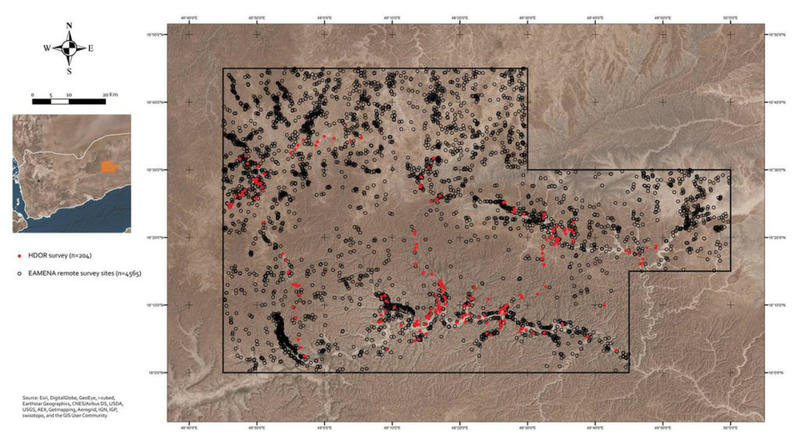The distribution of ground (in red) and remote (black) survey sites in the eastern Hadramawt (map: Andrea Zerbini)