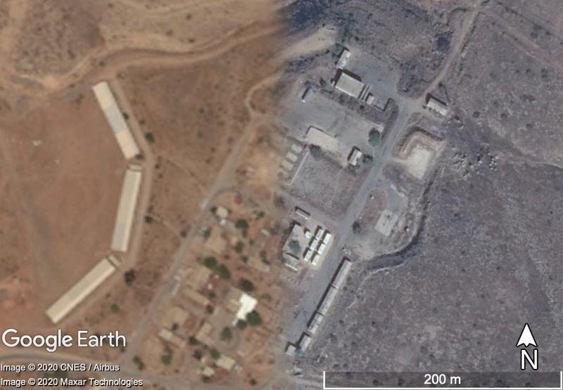 Fig. 1. A contrast of restricted and unrestricted satellite imagery of buildings in the West Bank, with a Maxar Technologies image (taken 22 August 2013) at 2m+ GSD on the left, and an Airbus image (taken 15 November 2013) at c.0.5m on the right. Map Data