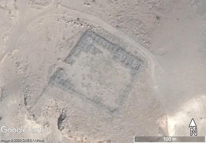 Fig. 2. Khirbat Khiraf, a late Roman military site in the West Bank above the Jordan Valley, as visible on an unrestricted Airbus satellite image (taken 15 November 2013) at a c.0.5m GSD resolution. Many details of the site form are visible, as well as po