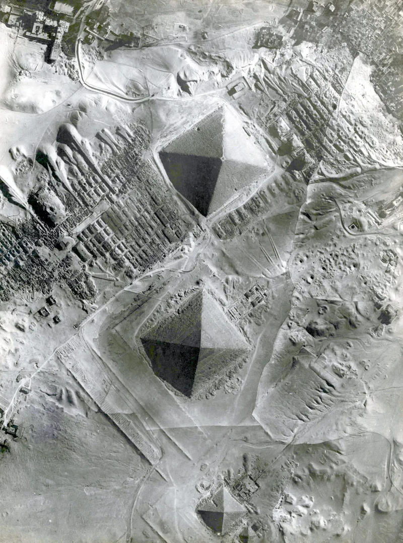 Fig.1. A 1930s vertical photograph over the pyramid complex at Giza, Egypt, generously shared with the project by Owen Masters.