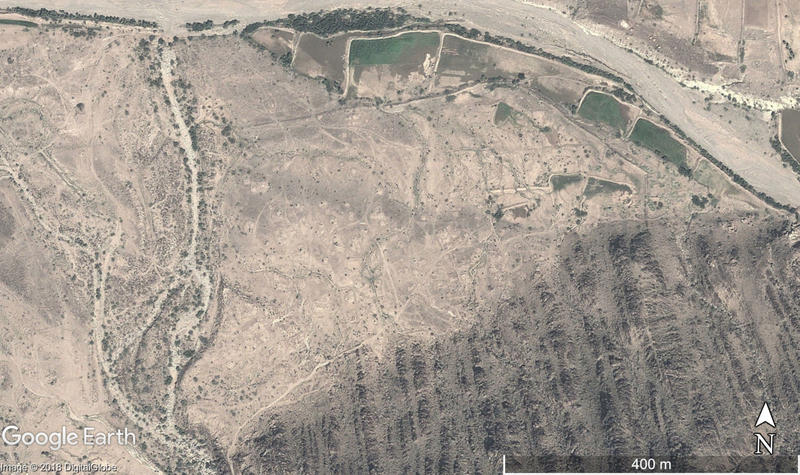 Figure 4: A possible large fortified site threatened by encroachment of modern agricultural fields. Satellite image: DigitalGlobe. Map data: Google Earth.
