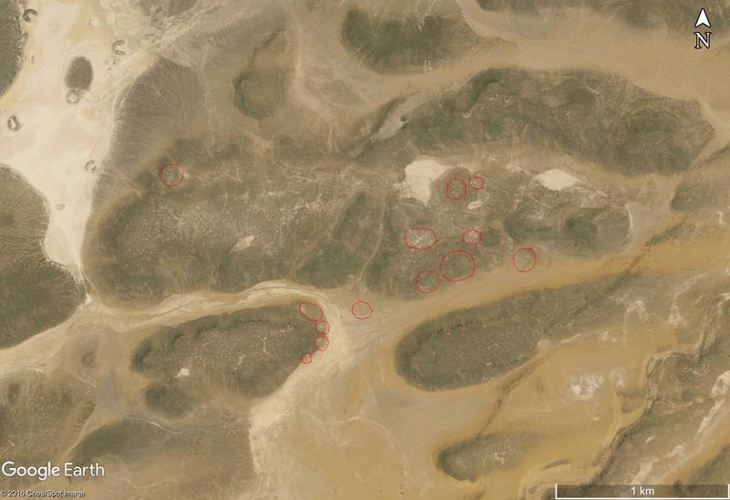 Figure 1: A satellite image overlaid with the approximate location of archaeological features in Jordan, c. 70 km east of Azraq. These features were first recorded on a series of 1:50,000 scale maps (TNA: CO1047/748, sheet 11) that were created using aeri
