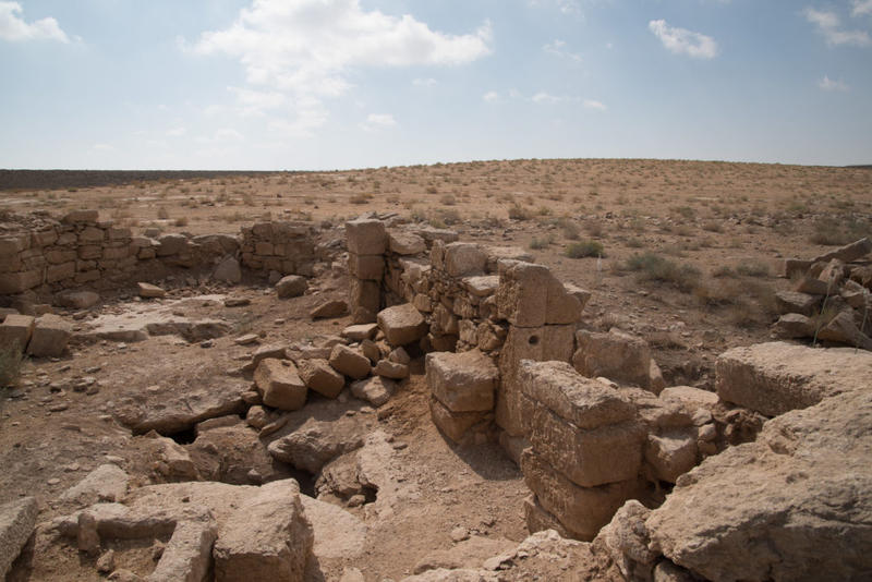 A small chapel at Umm er-Resas with recent collapse, and older excavations exposing a crypt. Photograph: Rebecca Banks.