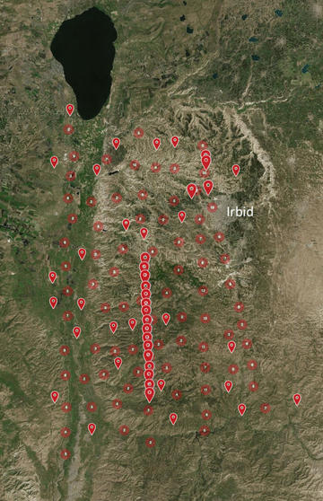 Fig. 1. The distribution of 1930 RAF aerial photographs uploaded to the EAMENA database. The Sea of Galilea can be seen in the top left of the distribution, with the River Jordan running down the west side, with Wadi Zerqa roughly marking the southern lim