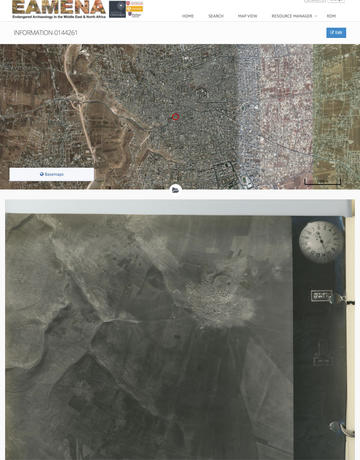 Fig. 2. An example of one of the aerial photographs (JORDAN_45B-SQN_JordanValley_Run-G_2543) and a modern satellite image of the area around Irbid above for comparison.