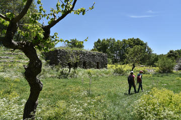 Figure 1: Tahoun project members walking past a partially restored rural farm building of the Ottoman period along one of the walking trails through the reserve in May 2019.